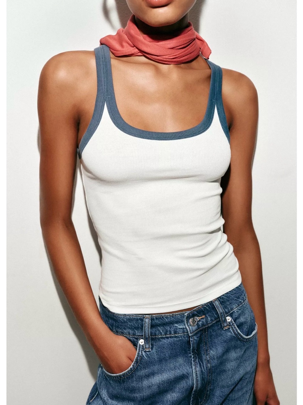 Zara White Ribbed Tank with Blue Trim